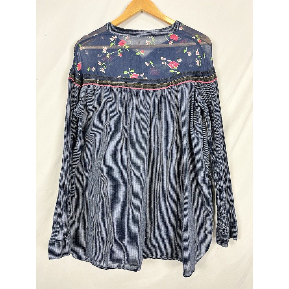 Free People Boho Tunic Top Blue Stripe Floral Sheer Yoke Long Sleeve Size S - Picture 3 of 11